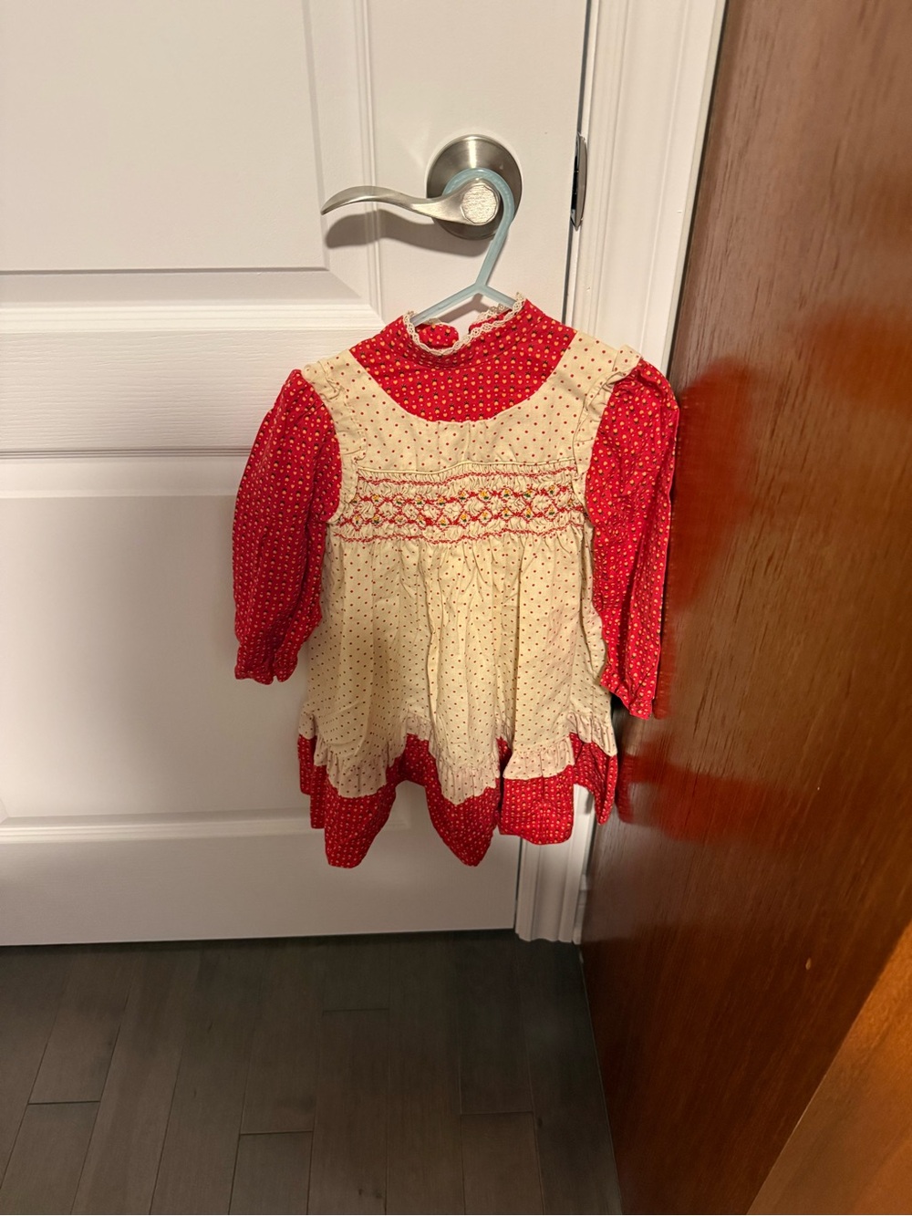 Vintage Girls Red and Cream Smocked Long-Sleeve Dress